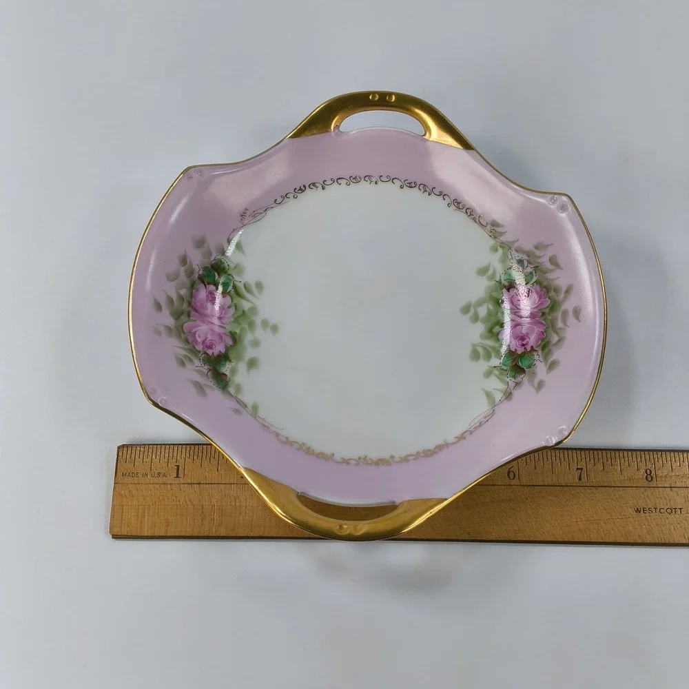 Vintage Japan Porcelain Hand Painted Pink Rose Bonbon Dish Gold Gilt Handles